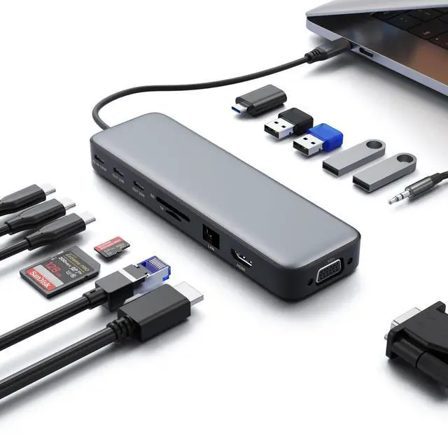 Main image of USB C Hub Laptop Docking Station Dual Monitor,14 in 1 Multiport Adapter with 4K HDMI,VGA,8 USB C/A Ports,100W PD Fast Charging,Audio&Mic,SD&TF,USBC Dongle for MacBook/Dell/HP/Lenovo ThinkPad/Surface