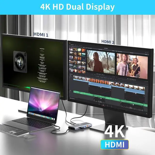 Alt view image 3 of 7 - Docking Station Dual Monitor for MacBook/Dell/HP/Lenovo Laptop, Dual 4K@60Hz HDMI Adapter for 2 Monitors, 14-in-1 USB C Hub, USB C Docking Station with USB 3.1/100W PD/Ethernet/SD/TF/Audio/Mic