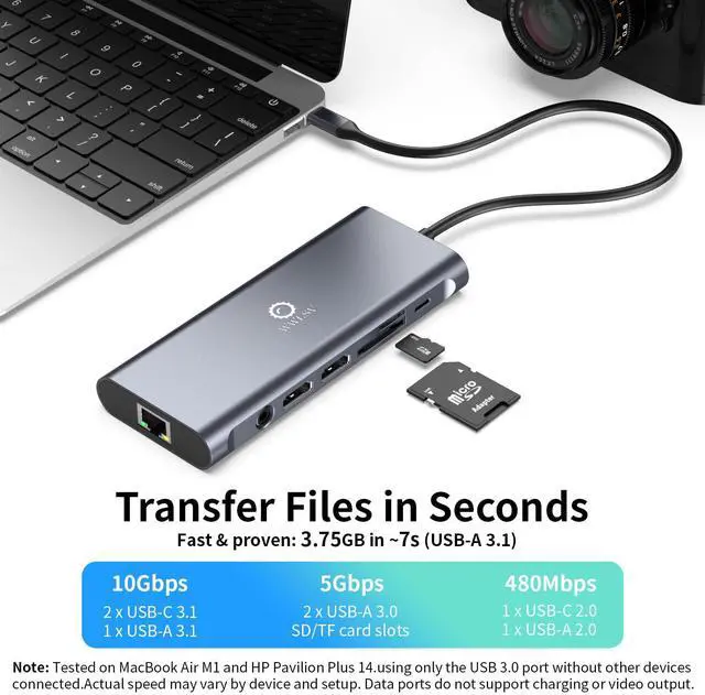 Alt view image 6 of 7 - Docking Station Dual Monitor for MacBook/Dell/HP/Lenovo Laptop, Dual 4K@60Hz HDMI Adapter for 2 Monitors, 14-in-1 USB C Hub, USB C Docking Station with USB 3.1/100W PD/Ethernet/SD/TF/Audio/Mic