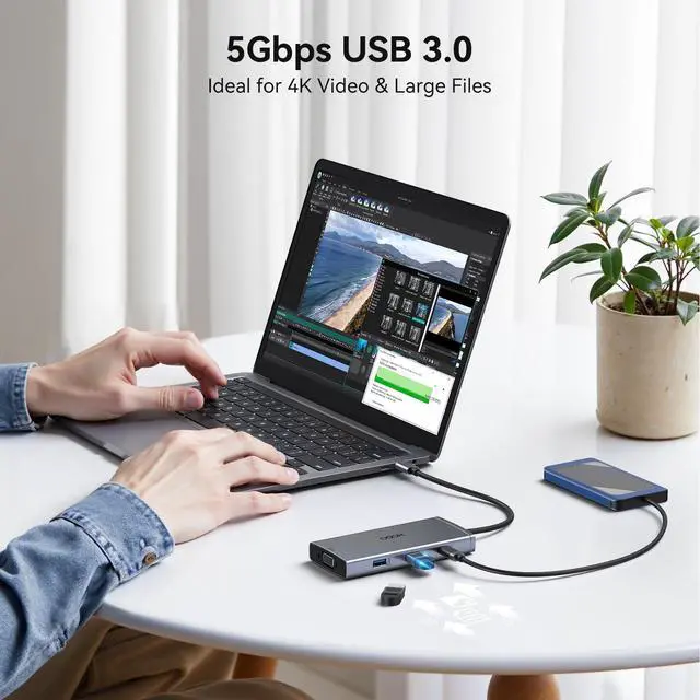 Alt view image 7 of 7 - USB C Docking Station Dual Monitor Adapter for Dell HP, Laptop Docking Station 3 Monitors Quad Display USB C Hub Dongle to 2 HDMI,DP,VGA,3 USB,PD,100W PD,Ethernet, 9 in 1 Thunderbolt Dock for Surface