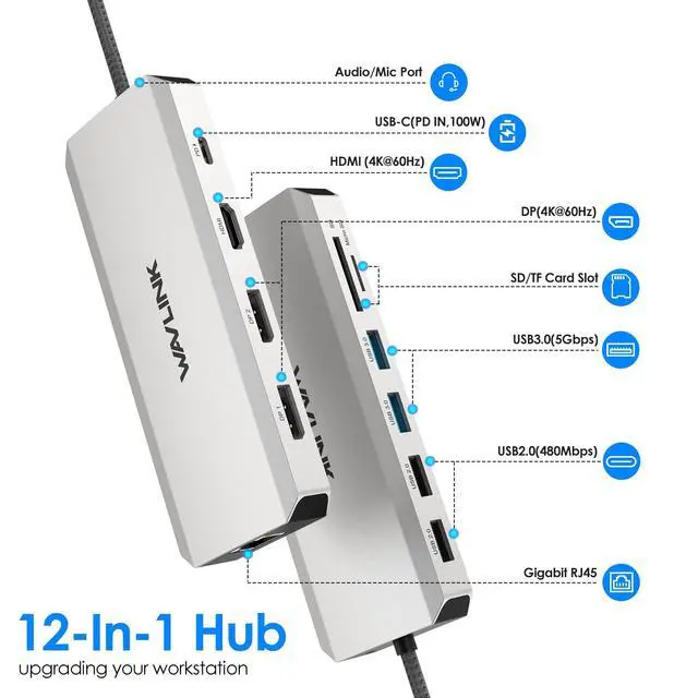 Alt view image 2 of 7 - Laptop Docking Station,12 in 1 Triple Display USB C Hub for Windows with Dual DP, HDMI, 100W PD in, Gigabit Ethernet, USB3.0/2.0 Ports, SD/TF Card Reader, Mic/Audio for Lenovo HP Dell