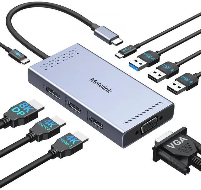 Main image of USB C Docking Station Dual HDMI Monitor Adapter, Melelink USB C Hub 3 Monitors with 2X HDMI 4K, 8K Displayport, VGA, 100W PD, USB C&A Ports, 9 in 1 Laptop Docking Station for Dell, HP, Lenovo, etc