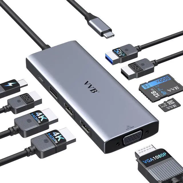 Main image of USB C Docking Station Dual Monitor HDMI Adapter for Dell HP Lenovo,Laptop Docking Station 3 Monitors USB C Hub Multiple Adapter Dongle with 2 HDMI 4K+VGA+100W PD Charger+3 USB Port+SD/TF Card Reader