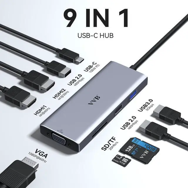 Alt view image 2 of 7 - USB C Docking Station Dual Monitor HDMI Adapter for Dell HP Lenovo,Laptop Docking Station 3 Monitors USB C Hub Multiple Adapter Dongle with 2 HDMI 4K+VGA+100W PD Charger+3 USB Port+SD/TF Card Reader