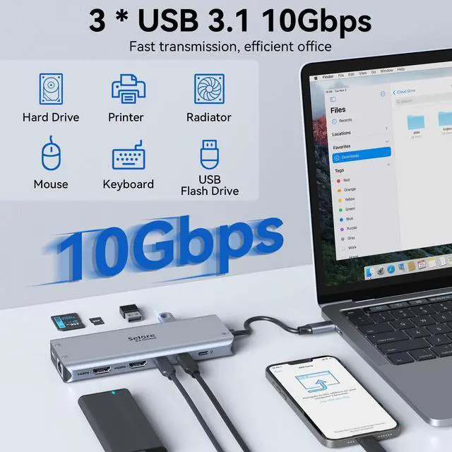 Alt view image 6 of 7 - USB C Docking Station Dual Monitor,Selore 13 in 1 USB C Hub 3 Monitors with Dual HDMI,DP,10G USB A/C,100W PD,5 USB A/C Ports,Gigabit Ethernet,Laptop Docking Station for Dell,Hp,Lenovo,MacBook.etc