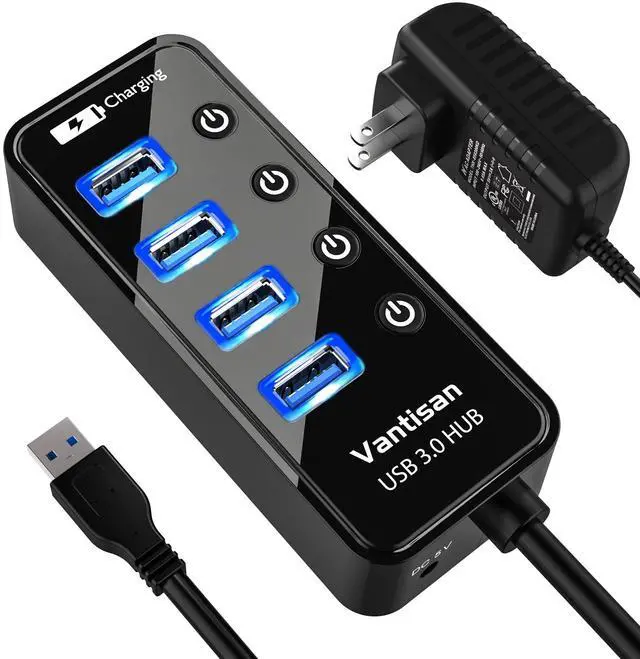 Main image of vantisan Powered USB 3.0 Hub, USB Extension 4-Port USB Hub Splitter (4 USB 3.0 Data Ports+1 Smart Charging Port) with 5V/3A Powered Adapter and Individual ON/Off Switches