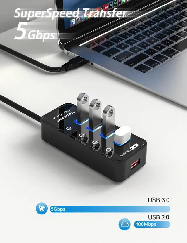 Alt view image 2 of 7 - vantisan Powered USB 3.0 Hub, USB Extension 4-Port USB Hub Splitter (4 USB 3.0 Data Ports+1 Smart Charging Port) with 5V/3A Powered Adapter and Individual ON/Off Switches
