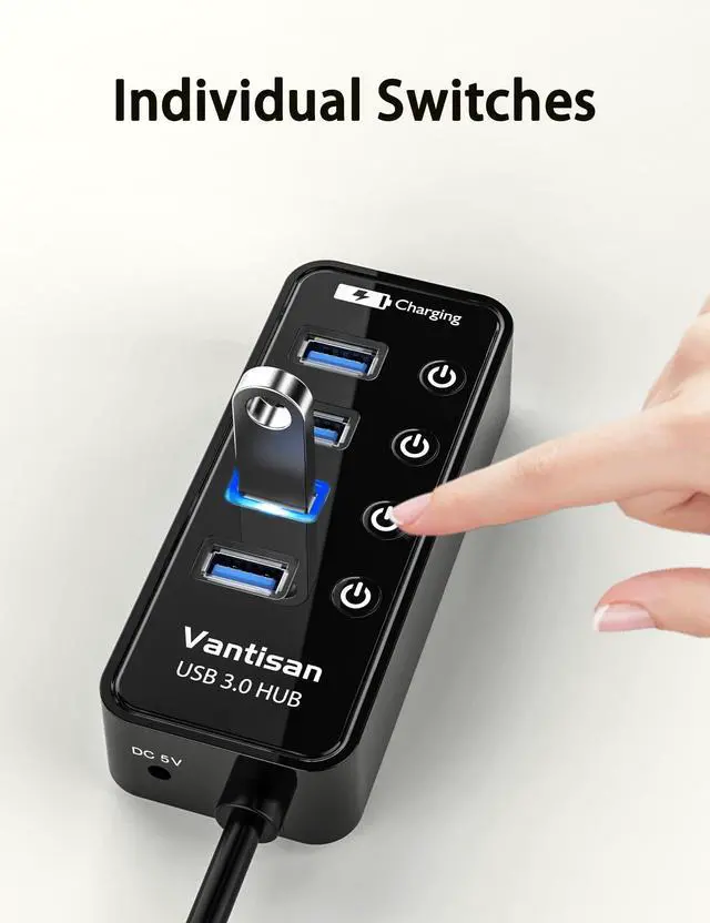 Alt view image 3 of 7 - vantisan Powered USB 3.0 Hub, USB Extension 4-Port USB Hub Splitter (4 USB 3.0 Data Ports+1 Smart Charging Port) with 5V/3A Powered Adapter and Individual ON/Off Switches