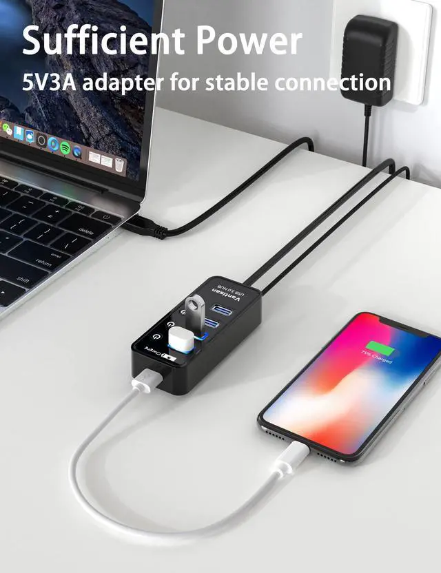Alt view image 5 of 7 - vantisan Powered USB 3.0 Hub, USB Extension 4-Port USB Hub Splitter (4 USB 3.0 Data Ports+1 Smart Charging Port) with 5V/3A Powered Adapter and Individual ON/Off Switches