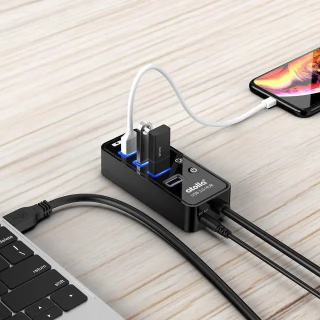 Alt view image 7 of 7 - Atolla 4-Port USB 3.0 Hub with 4 Data Ports, 1 Smart Charging Port, Individual On/Off Switches and 5V/3A Adapter
