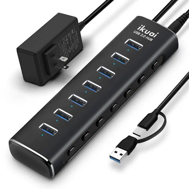 Main image of Powered USB 3.0 /USB C Hub, ikuai Aluminium 7-Port USB Hub Splitter with AC Adapter LED Individual On/Off Switches and 3.3ft Extended Long Cable for Laptop, Mac, PC, Flash Drive, Mobile HDD