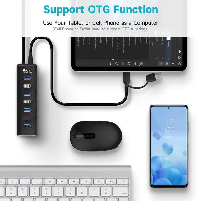 Alt view image 5 of 7 - Powered USB 3.0 /USB C Hub, ikuai Aluminium 7-Port USB Hub Splitter with AC Adapter LED Individual On/Off Switches and 3.3ft Extended Long Cable for Laptop, Mac, PC, Flash Drive, Mobile HDD