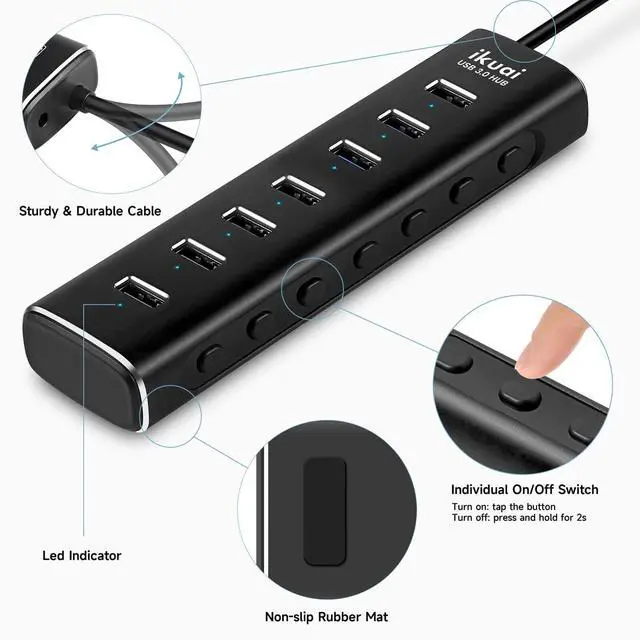 Alt view image 7 of 7 - Powered USB 3.0 /USB C Hub, ikuai Aluminium 7-Port USB Hub Splitter with AC Adapter LED Individual On/Off Switches and 3.3ft Extended Long Cable for Laptop, Mac, PC, Flash Drive, Mobile HDD