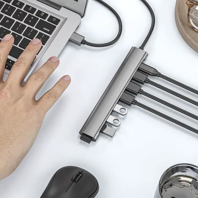 Alt view image 5 of 6 - USB Hub Long Cable, 8 Ports USB 3.0 Adapter with 6 USB 3.0 Data Ports,USB-C Data,USB Splitter with USB C 5V/3A Power Port, 47IN/120CM Main Cable for Laptop PC