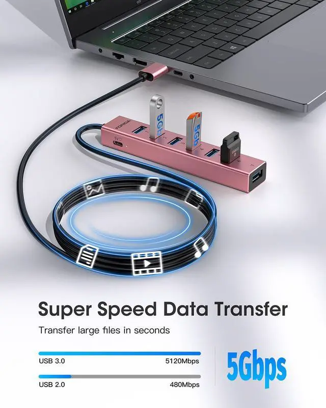 Alt view image 5 of 7 - FORIDA USB Hub Long Cable 8 Ports multiport Adapter with 7-USB3.0 Data Ports and Type-C 5V/3A Power Port,USB Extender for Laptop PC and More (Rose Gold, USB A-47in)