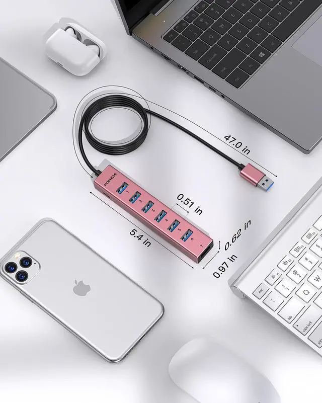 Alt view image 6 of 7 - FORIDA USB Hub Long Cable 8 Ports multiport Adapter with 7-USB3.0 Data Ports and Type-C 5V/3A Power Port,USB Extender for Laptop PC and More (Rose Gold, USB A-47in)