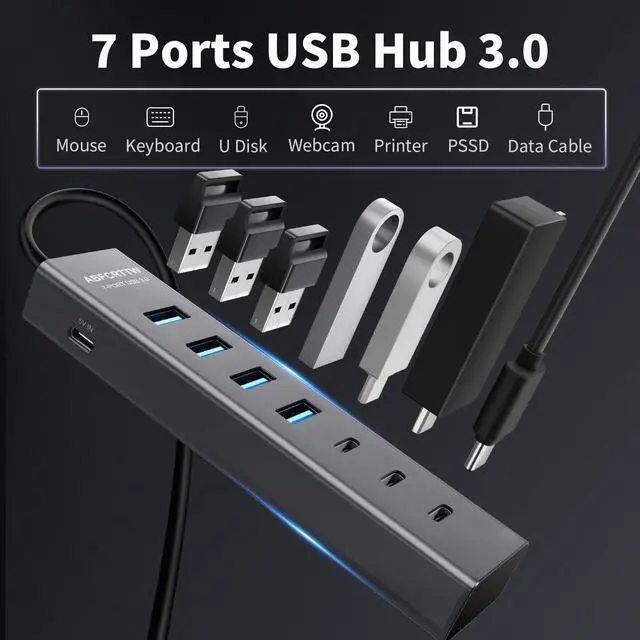 Alt view image 2 of 7 - 4Ft 7-Port USB Hub 3.0 for Desktop, 4 USB-A & 3 USB-C Ports Aluminium 5Gbps USB Extender Hub, USB Splitter, USB Hub Long Cable for Desktop, PC, Flash Drive, Mobile HDD SSD, Windows/XPS