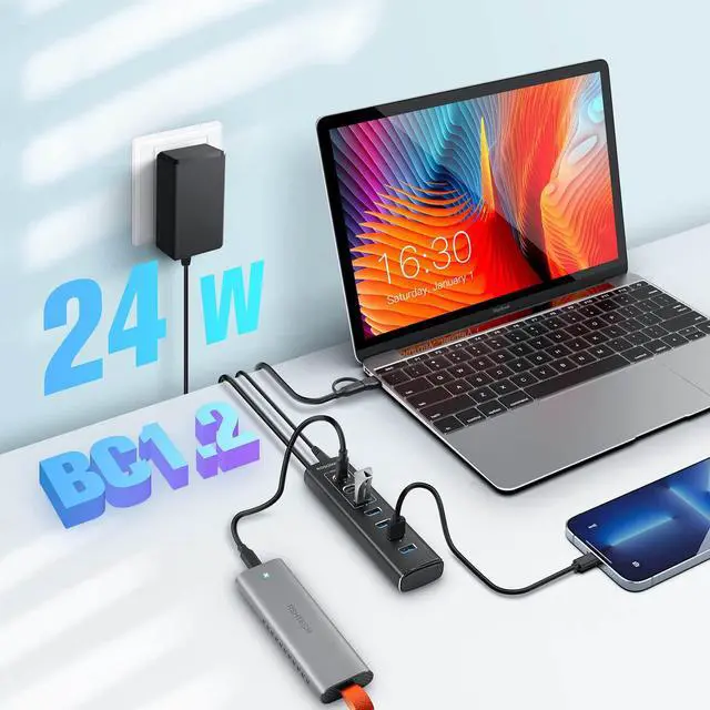 Alt view image 2 of 7 - Powered USB Hub, Rosonway 7-Port USB 3.2/USB C Hub with 10Gbps USB-A 3.2, 2 USB-C 3.2, 4 USB 3.0 Ports, Individual Switches and 12V Power Adapter, Aluminum USB Port Expander for Laptop/PC, RSH-A107C