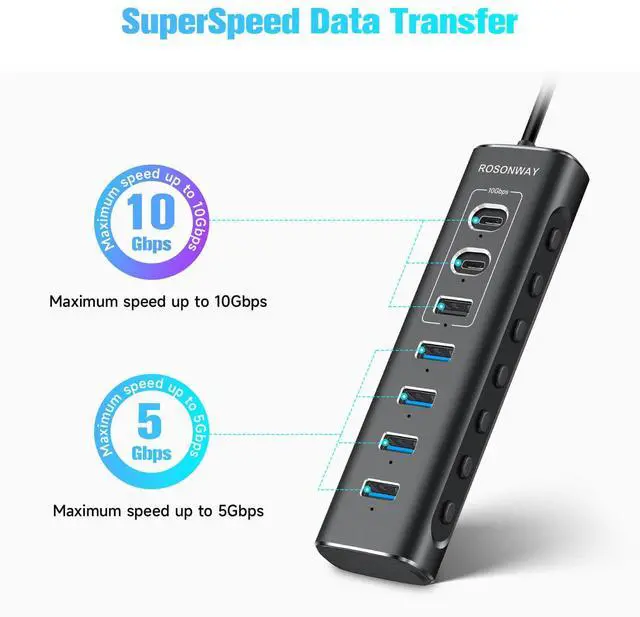 Alt view image 3 of 7 - Powered USB Hub, Rosonway 7-Port USB 3.2/USB C Hub with 10Gbps USB-A 3.2, 2 USB-C 3.2, 4 USB 3.0 Ports, Individual Switches and 12V Power Adapter, Aluminum USB Port Expander for Laptop/PC, RSH-A107C