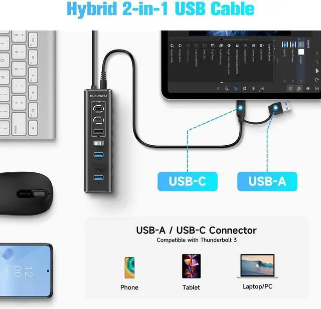 Alt view image 4 of 7 - Powered USB Hub, Rosonway 7-Port USB 3.2/USB C Hub with 10Gbps USB-A 3.2, 2 USB-C 3.2, 4 USB 3.0 Ports, Individual Switches and 12V Power Adapter, Aluminum USB Port Expander for Laptop/PC, RSH-A107C