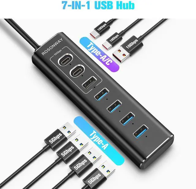 Alt view image 5 of 7 - Powered USB Hub, Rosonway 7-Port USB 3.2/USB C Hub with 10Gbps USB-A 3.2, 2 USB-C 3.2, 4 USB 3.0 Ports, Individual Switches and 12V Power Adapter, Aluminum USB Port Expander for Laptop/PC, RSH-A107C