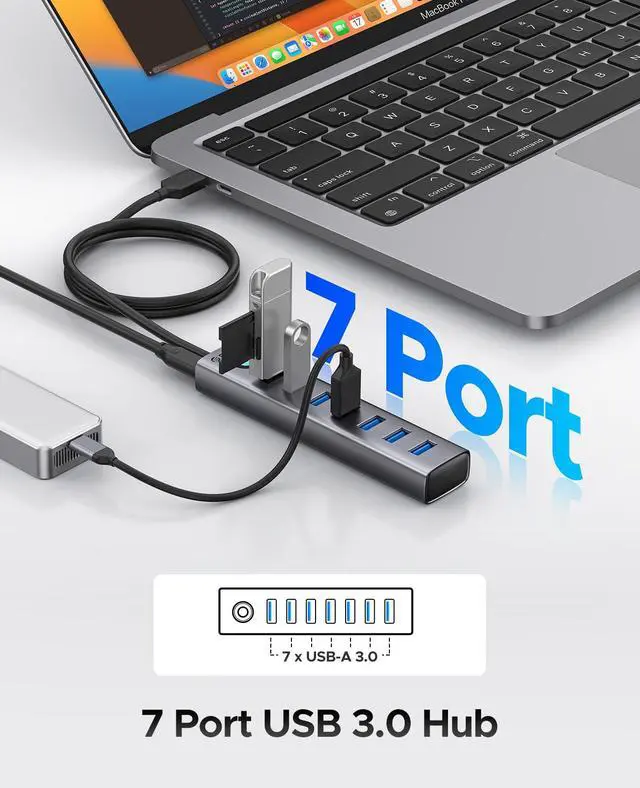 Alt view image 2 of 7 - 7-Port USB 3.0 Hub, Aluminum USB Multiple Adapter, 5Gbps USB Extender USB Splitter with 3.28Ft Cable, UBS-A Hub Long Cable for Desktop, PC, Flash Drive, Mobile HDD, Windows/XPS