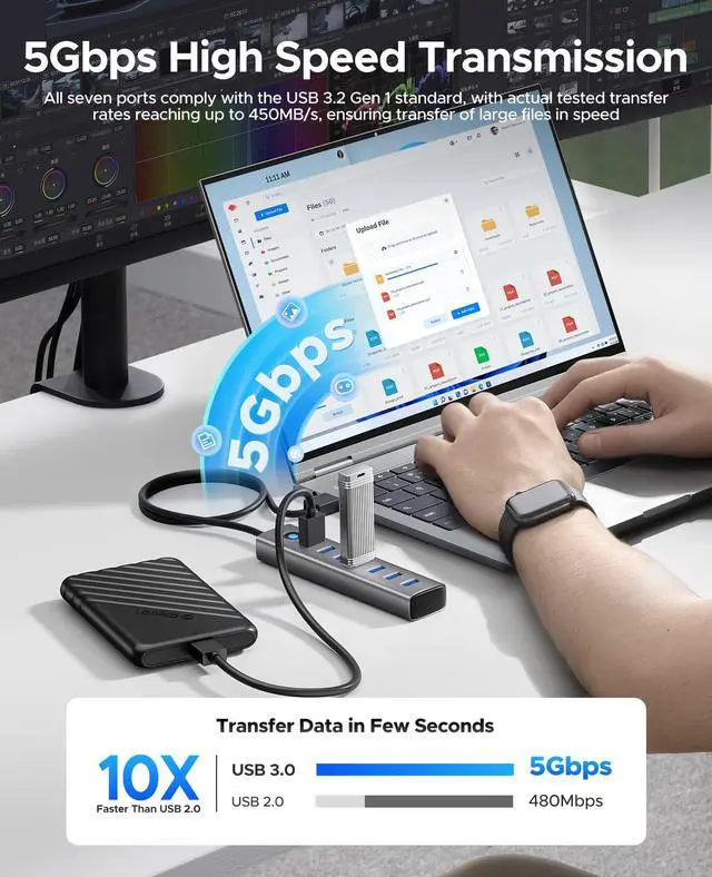 Alt view image 3 of 7 - 7-Port USB 3.0 Hub, Aluminum USB Multiple Adapter, 5Gbps USB Extender USB Splitter with 3.28Ft Cable, UBS-A Hub Long Cable for Desktop, PC, Flash Drive, Mobile HDD, Windows/XPS