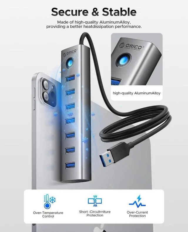 Alt view image 6 of 7 - 7-Port USB 3.0 Hub, Aluminum USB Multiple Adapter, 5Gbps USB Extender USB Splitter with 3.28Ft Cable, UBS-A Hub Long Cable for Desktop, PC, Flash Drive, Mobile HDD, Windows/XPS