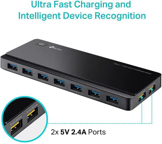 Alt view image 5 of 7 - Powered USB Hub 3.0 with 7 USB 3.0 Data Ports and 2 Smart Charging USB Ports. Compatible with Windows, Mac, Chrome & Linux OS, with Power On/Off Button, 12V/4A Power Adapter(UH720)
