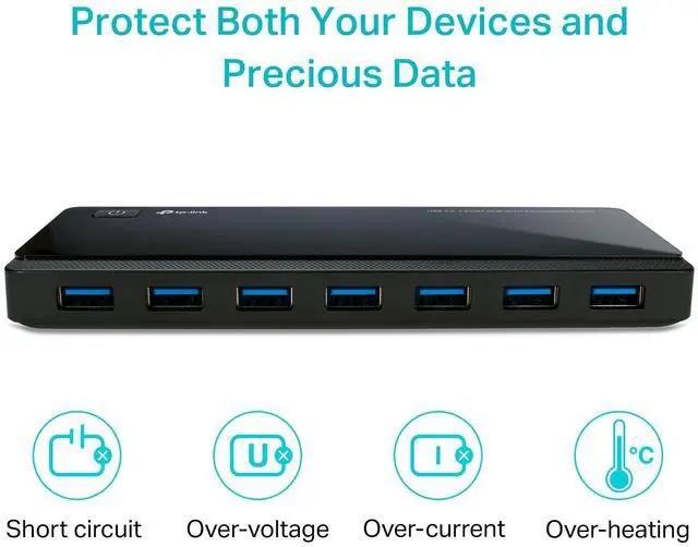 Alt view image 6 of 7 - Powered USB Hub 3.0 with 7 USB 3.0 Data Ports and 2 Smart Charging USB Ports. Compatible with Windows, Mac, Chrome & Linux OS, with Power On/Off Button, 12V/4A Power Adapter(UH720)