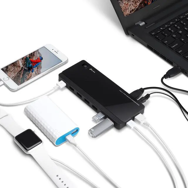 Alt view image 7 of 7 - Powered USB Hub 3.0 with 7 USB 3.0 Data Ports and 2 Smart Charging USB Ports. Compatible with Windows, Mac, Chrome & Linux OS, with Power On/Off Button, 12V/4A Power Adapter(UH720)