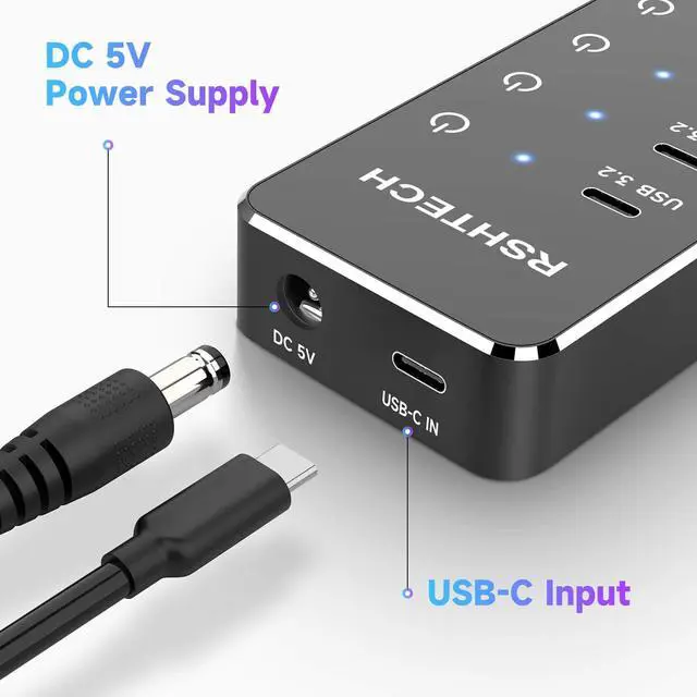 Alt view image 6 of 7 - RSHTECH 7-Port Powered USB 3.2/USB C Hub with 10Gbps USB-A 3.2, 2 USB-C 3.2, 4 USB 3.0 Ports, Individual Touch Switches, 3.3ft Cable and 5V Power Adapter, USB Hub Splitter for Laptop/PC, RSH-ST07C