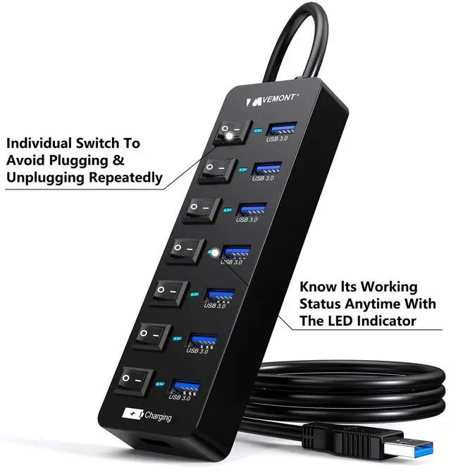 Alt view image 4 of 7 - Powered USB Hub 3.0,VEMONT 7 Ports Multi USB hubs and 1 USB Smart Charging Port with 5V/3A Power Supply,USB Extension Splitter with Individual On/Off Switches and 4ft/1.2m Long Cable for PC/Laptop