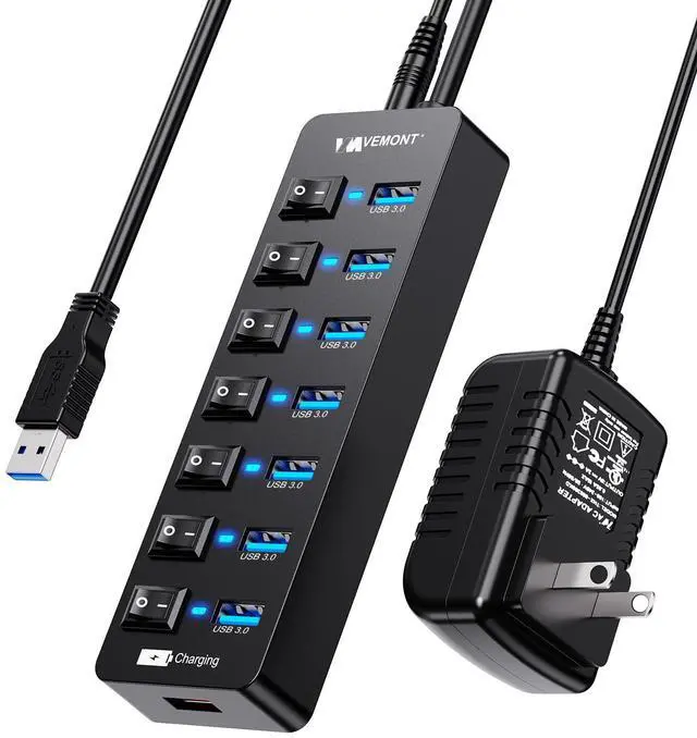Main image of Powered USB Hub 3.0,VEMONT 7 Ports Multi USB hubs and 1 USB Smart Charging Port with 5V/3A Power Supply,USB Extension Splitter with Individual On/Off Switches and 4ft/1.2m Long Cable for PC/Laptop