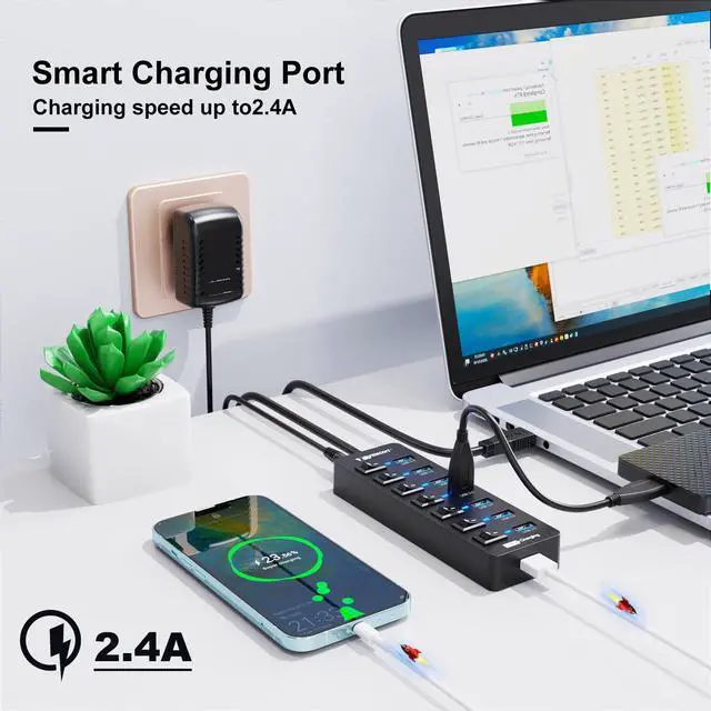Alt view image 3 of 7 - Powered USB Hub 3.0,VEMONT 7 Ports Multi USB hubs and 1 USB Smart Charging Port with 5V/3A Power Supply,USB Extension Splitter with Individual On/Off Switches and 4ft/1.2m Long Cable for PC/Laptop