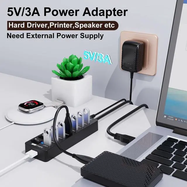 Alt view image 6 of 7 - Powered USB Hub 3.0,VEMONT 7 Ports Multi USB hubs and 1 USB Smart Charging Port with 5V/3A Power Supply,USB Extension Splitter with Individual On/Off Switches and 4ft/1.2m Long Cable for PC/Laptop