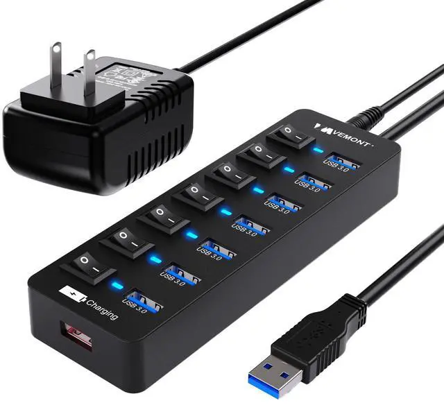 Alt view image 7 of 7 - Powered USB Hub 3.0,VEMONT 7 Ports Multi USB hubs and 1 USB Smart Charging Port with 5V/3A Power Supply,USB Extension Splitter with Individual On/Off Switches and 4ft/1.2m Long Cable for PC/Laptop