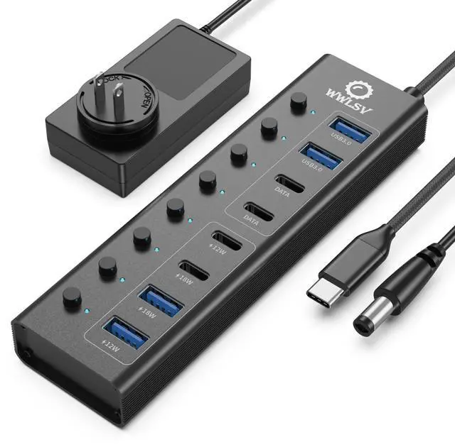 Main image of Powered USB Hub, 8-Port USB 3.0 Splitter with 4 Fast Data Ports (2 USB-A 3.0 & 2 USB-C), 4 Charging Ports, 65W Power Adapter, Individual On/Off Switches, USB Power Hub for Laptop/PC