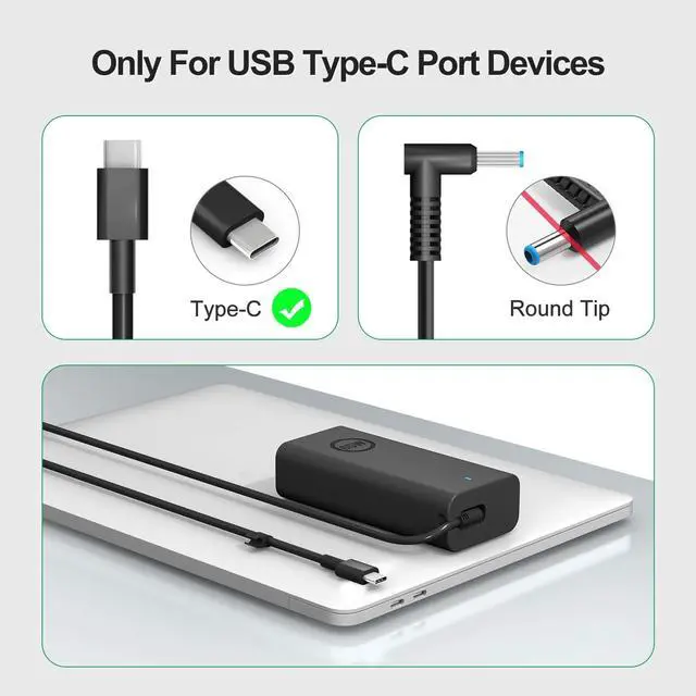 Alt view image 2 of 7 - 65W 45W Laptop Charger USB C Compatible with Dell Latitude 5420 5520 5320 5430 5290 7410 7420 XPS 13 9250 9360 9365 9370 9380 9350 9550 Chromebook 5190 Type C AC Adapter