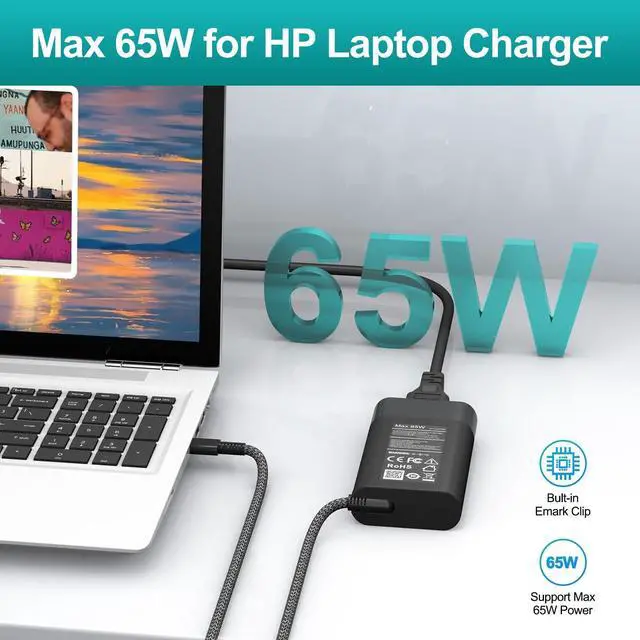 Alt view image 2 of 7 - New 65W USB C Slim Compatible with HP Laptop Charger Spectre x360, Envy, Chromebook, Elitebook x360, Pavilion, Elite x2, Regular Compatible with HP Chromebook and Elitebook Charger.