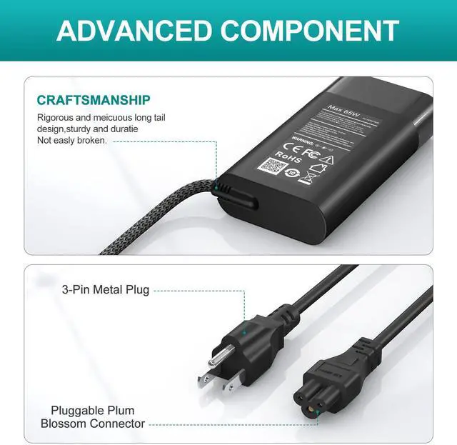 Alt view image 5 of 7 - New 65W USB C Slim Compatible with HP Laptop Charger Spectre x360, Envy, Chromebook, Elitebook x360, Pavilion, Elite x2, Regular Compatible with HP Chromebook and Elitebook Charger.