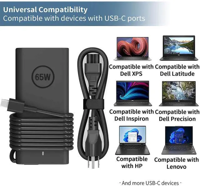 Alt view image 3 of 6 - New 65W USB C Laptop Charger Compatible with Dell Laptop Charger Type C Computer for Dell Latitude 5420 5520 5540 7420 7410 3450 5290 7400, XPS 13, Chromebook 3100 dell AC Adapter Power Cord