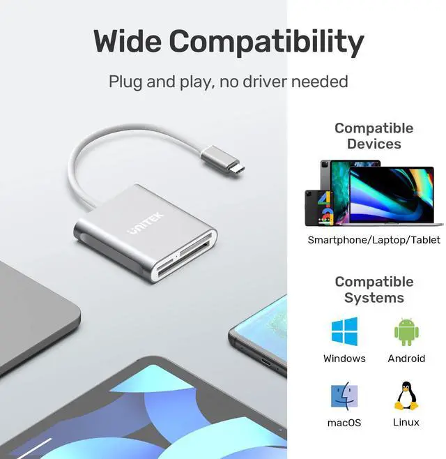 Alt view image 5 of 7 - Unitek USB C SD Card Reader, Aluminum 3-Slot USB 3.0 Type-C Flash Memory Card Reader for USB C Device, Supports SanDisk Compact Flash Memory Card and Lexar Professional CompactFlash Card - Grey