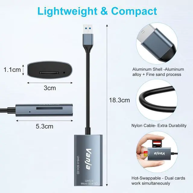 Alt view image 7 of 7 - Vanja SD 4.0 Card Reader, 2 in 1 Memory Card Reader SD Card to USB Adapter, for Camera SD, SDXC, SDHC, MMC, RS-MMC, Micro SD, Micro SDXC, Micro SDHC, UHS-II and UHS-I Cards