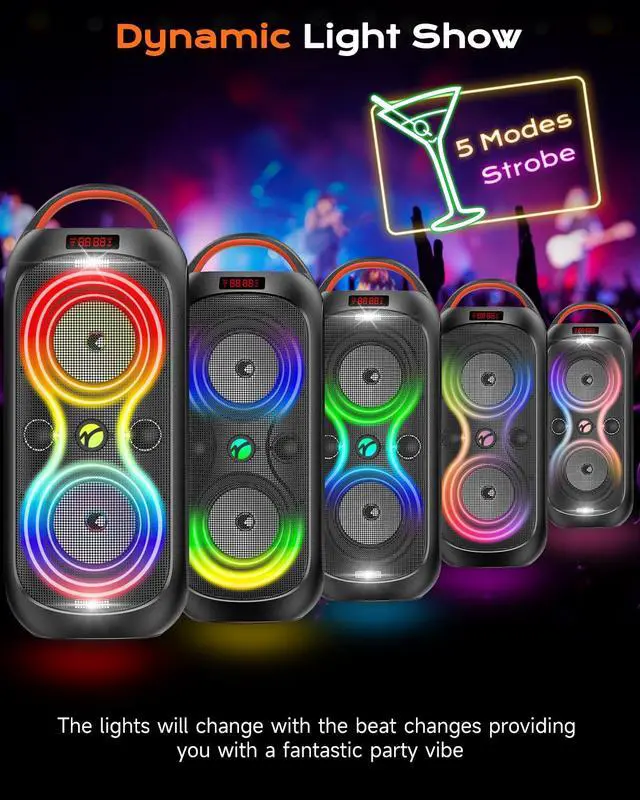 Alt view image 4 of 7 - ABigDay Party Bluetooth Speaker Up to 40W Sound Peak, Dynamic LED Lights, 8 Vibrant Colors & 5 Light Modes, Micro SD Slot, AUX, USB & Microphone Input, 6-Hours Playtime, Ideal for Events & Parties