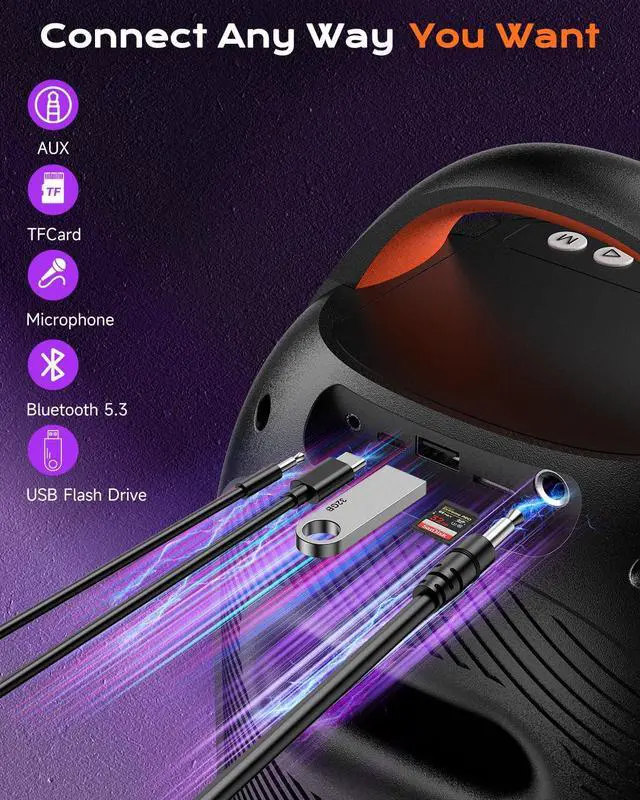 Alt view image 6 of 7 - ABigDay Party Bluetooth Speaker Up to 40W Sound Peak, Dynamic LED Lights, 8 Vibrant Colors & 5 Light Modes, Micro SD Slot, AUX, USB & Microphone Input, 6-Hours Playtime, Ideal for Events & Parties