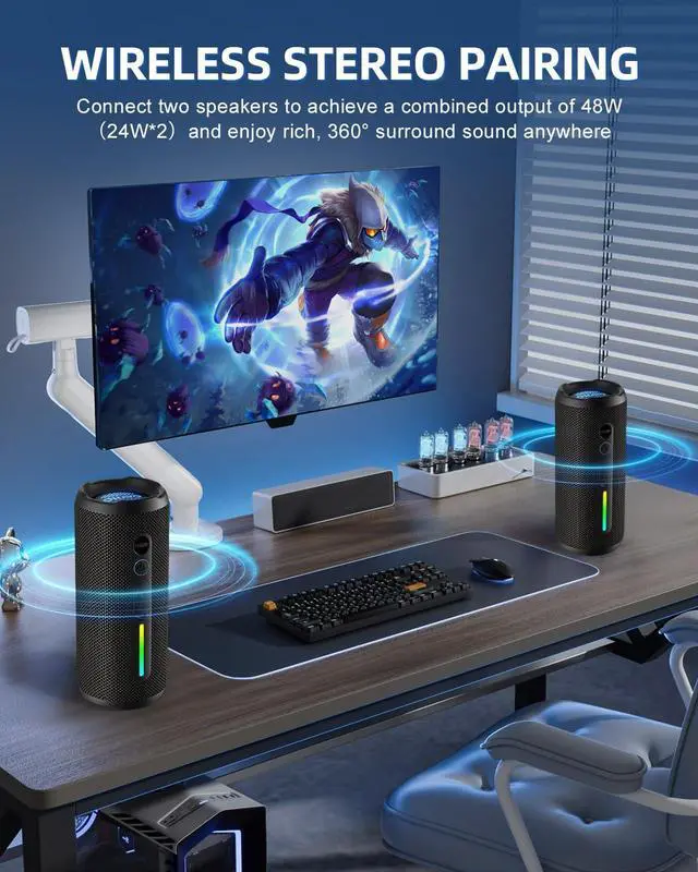 Alt view image 4 of 7 - Portable Bluetooth Speaker - IPX7 Waterproof, Wireless Stereo Pairing, 25-Hour Playtime, 24W Loud Sound, Bluetooth 5.3, Bass Boost, LED Lights, for Home/Shower/Outdoor/Beach/Travel, Gift Ideas