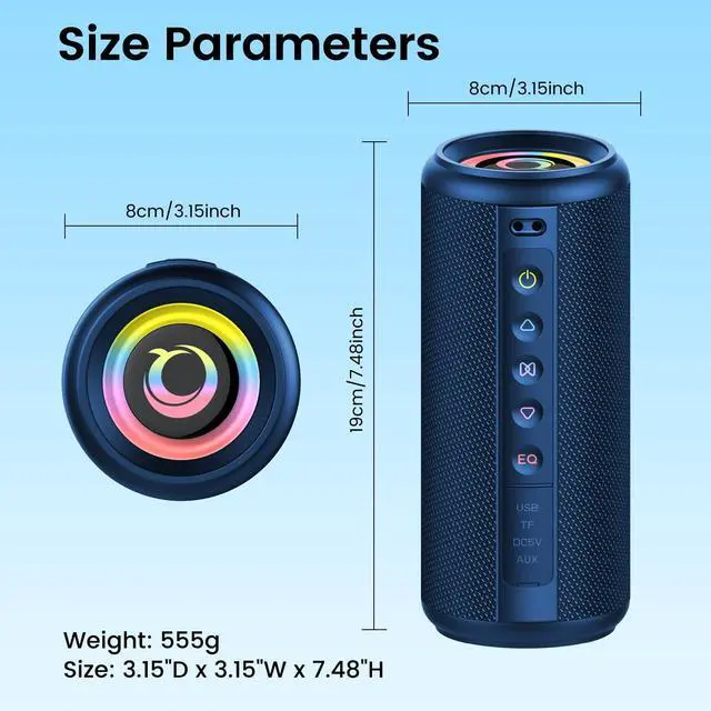 Alt view image 6 of 7 - Portable Bluetooth Speaker, Bluetooth 5.4 Wireless Speaker with 20W HD Loud Stereo Sound, 20H Playtime, IP7 Waterproof, LED Lights, TWS Pairing, Built-in Mic, for Outdoor, Home, Party, Beach, Blue