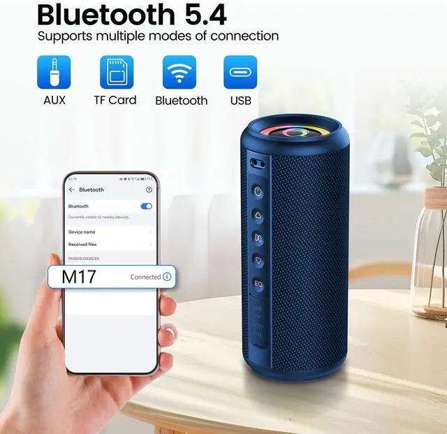 Alt view image 7 of 7 - Portable Bluetooth Speaker, Bluetooth 5.4 Wireless Speaker with 20W HD Loud Stereo Sound, 20H Playtime, IP7 Waterproof, LED Lights, TWS Pairing, Built-in Mic, for Outdoor, Home, Party, Beach, Blue