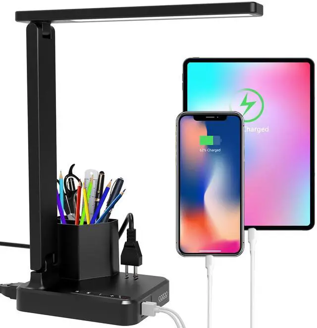 Main image of Desk Lamp,Desk Lamps for Home Office,COZOO LED Desk Lamp with 2 USB Charging Ports,2 Pen Holders,1 Outlet,3 Color 3 Brightness Levels,Touch/Memory/Timer,LED Desk Light Small Desk Lamp Kids Study Lamp